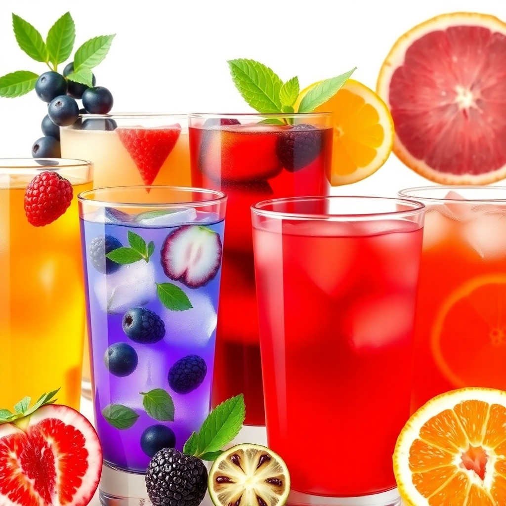 A photorealistic image showing a variety of fruit teas, each in a separate glass, showcasing the different colors and textures of the fruit. The background should be a simple white background to highlight the colorful drinks.  High-quality 4K resolution.