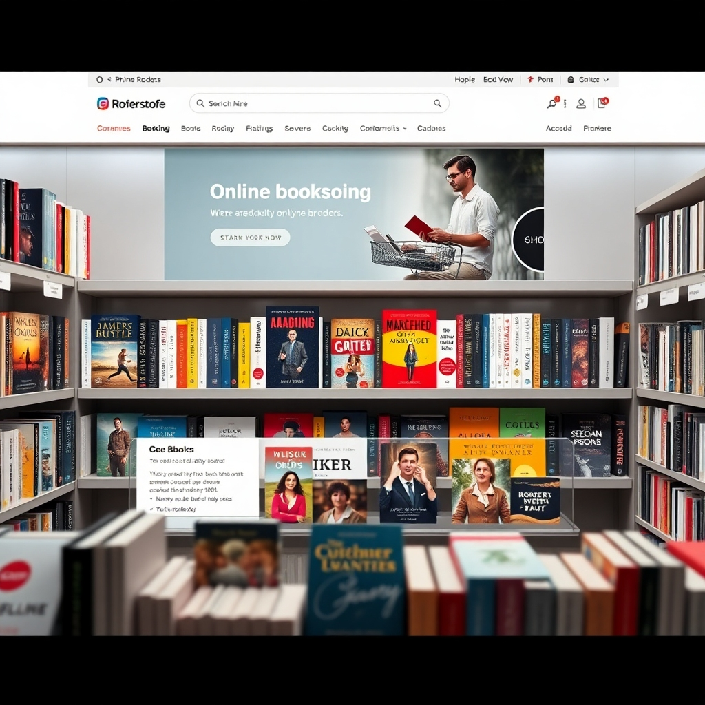 A photorealistic image showing a meticulously organized online bookstore.  The image should feature a diverse selection of books, neatly arranged, with high-quality images of the book covers, detailed descriptions, and customer reviews.  The website should showcase user-friendly navigation, a secure checkout system, and perhaps a customer testimonial.  Overall, it should be a clean, professional, visually appealing online bookstore design that inspires trust and confidence.