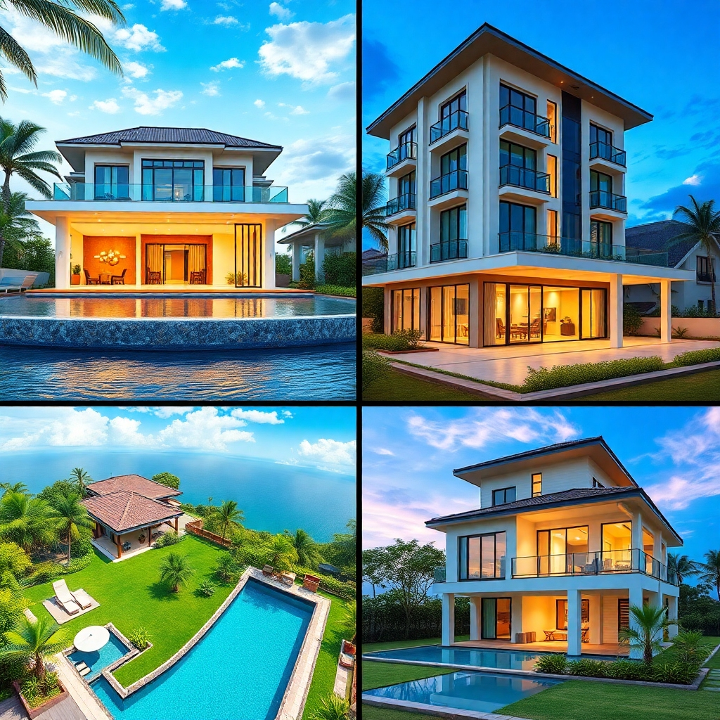 A photorealistic image showing a collage of various Pattaya properties – a luxury villa, a condo with a sea view, and a family home. Each image is vibrant and showcases the unique characteristics of each property, emphasizing variety and appeal.