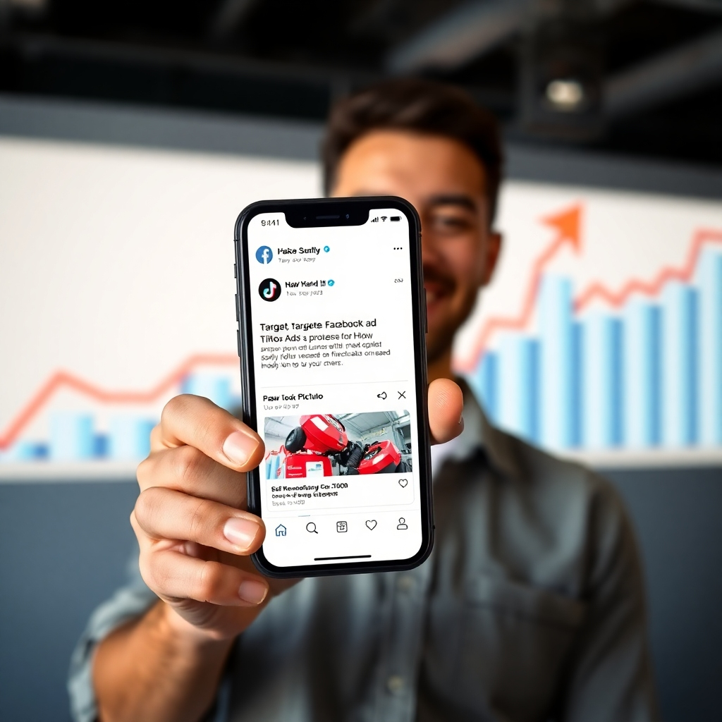  A photorealistic image showing a phone displaying targeted Facebook and TikTok ads with high engagement metrics. The background could be a stylized graph showing positive growth, and a happy business owner smiling confidently.