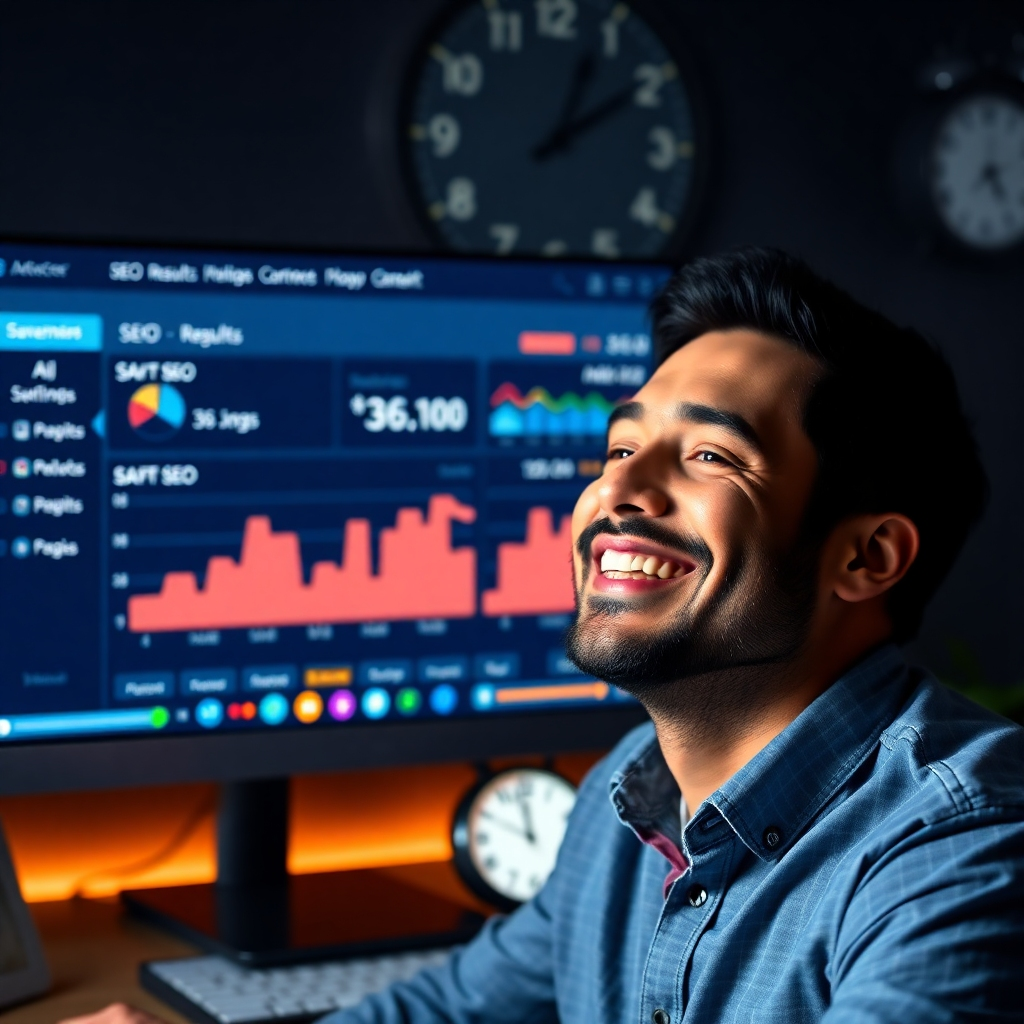 A photorealistic image showing a person smiling and looking relaxed in front of a computer screen displaying a website analytics dashboard showing positive SEO results. The background could show a clock and a calendar to symbolize time savings. The overall feel should be one of relief and accomplishment.