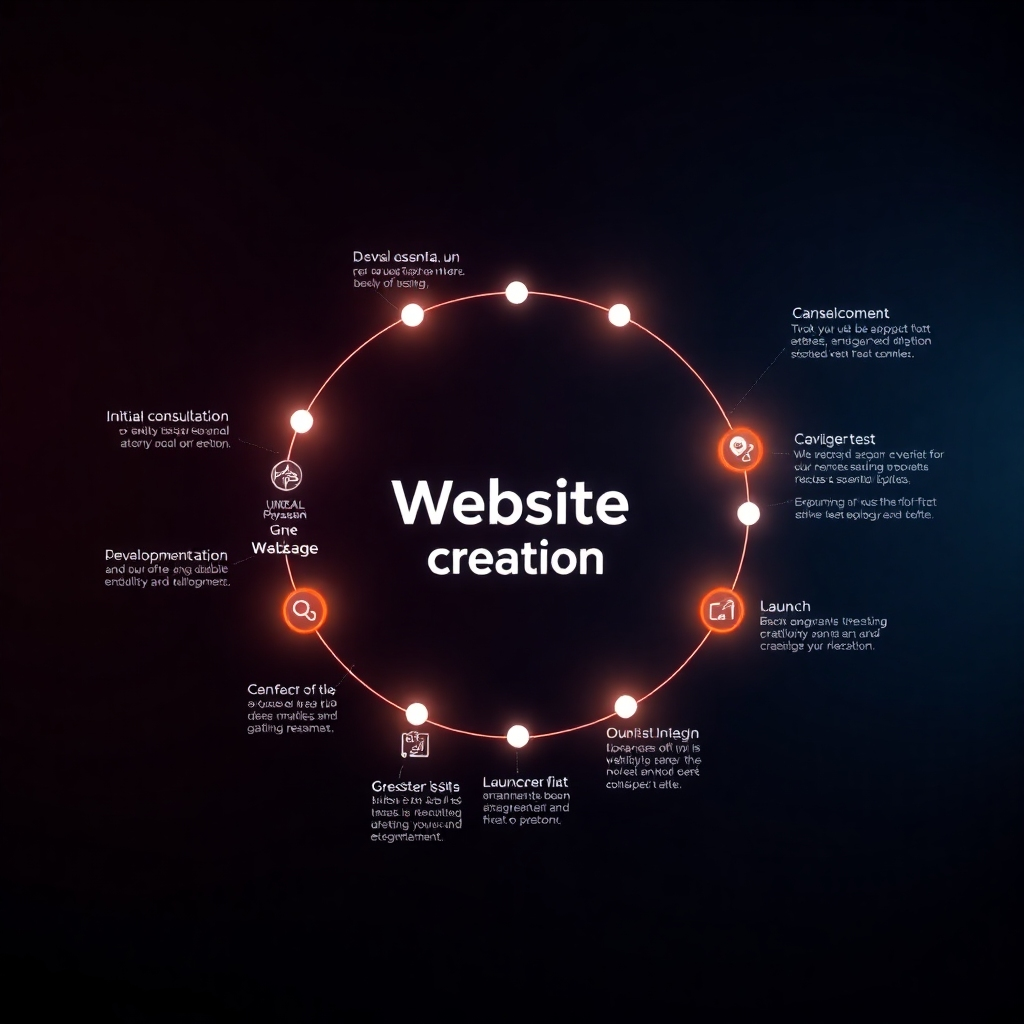 A photorealistic image showing a flowchart or process diagram that illustrates the entire website creation process, from initial consultation and design to development, testing, launch, and ongoing marketing and maintenance. Each stage should be visually represented with icons and short descriptions.