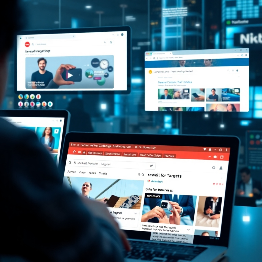 A photorealistic image showing various digital marketing channels at work, such as targeted social media ads, search engine results pages with prominent ads, and email marketing campaigns. The image should emphasize the precision and effectiveness of these channels in reaching the target audience. The overall tone should be dynamic and results-oriented.