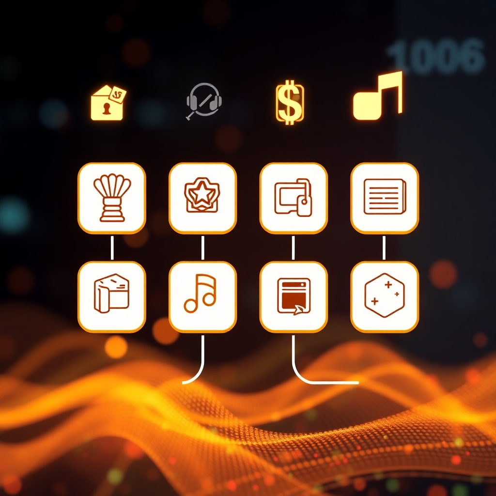 A photorealistic image showing various revenue streams for AI-generated music. It should feature icons representing royalty payments, licensing deals, advertising revenue, and streaming platform earnings. The overall image should be visually compelling and easy to understand, communicating the diverse revenue opportunities of AI music.
