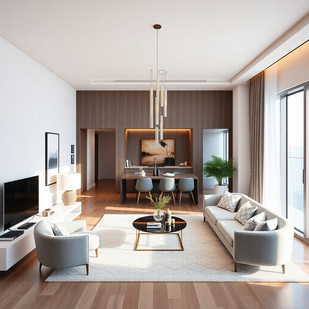A photorealistic image showing a stylish, modern condo interior after a renovation.  The style should be clean, bright, and appealing to a wide range of buyers. High-quality materials and furnishings should be clearly visible. The overall mood should be uplifting and luxurious.