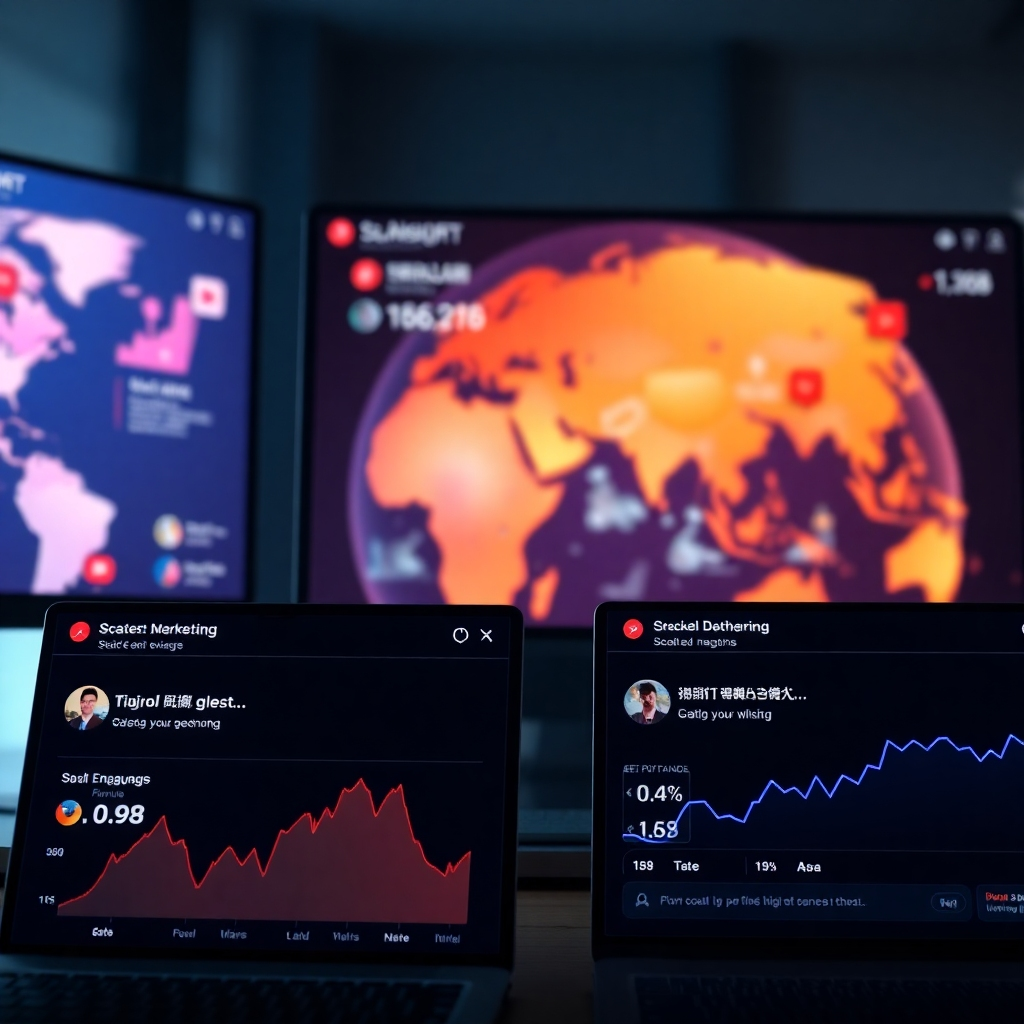 A photorealistic image showing multiple social media dashboards displaying positive engagement metrics, with different language versions of a marketing campaign visible. The background should subtly feature a globe, showcasing international reach.