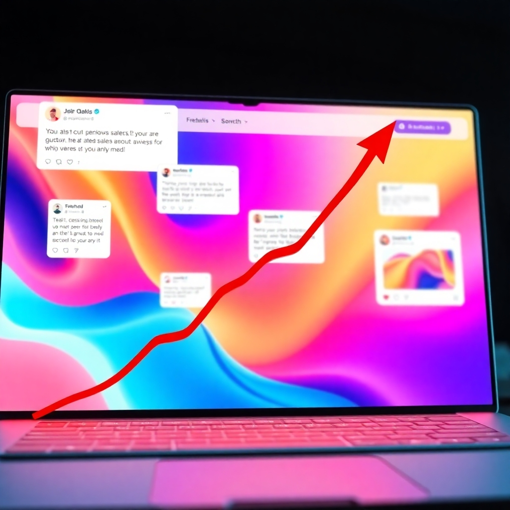 A photorealistic image showing a graph trending upward, representing increased sales, overlaid on a vibrant and modern website design mockup.  In the background, various social media notifications representing brand awareness, and positive customer feedback are subtly visible. The overall feeling should be one of success and growth.