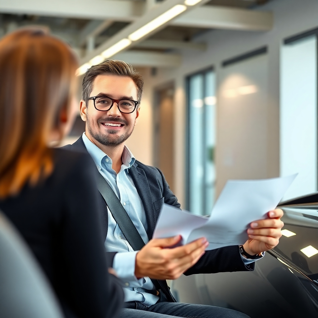 A photorealistic image showing a driver confidently handling paperwork or interacting with a professional at an office setting. The driver appears competent and trustworthy. The background is a modern office environment. Professional and efficient lighting with a neutral color palette. Camera angle is a medium shot, highlighting the driver's professionalism and competence.