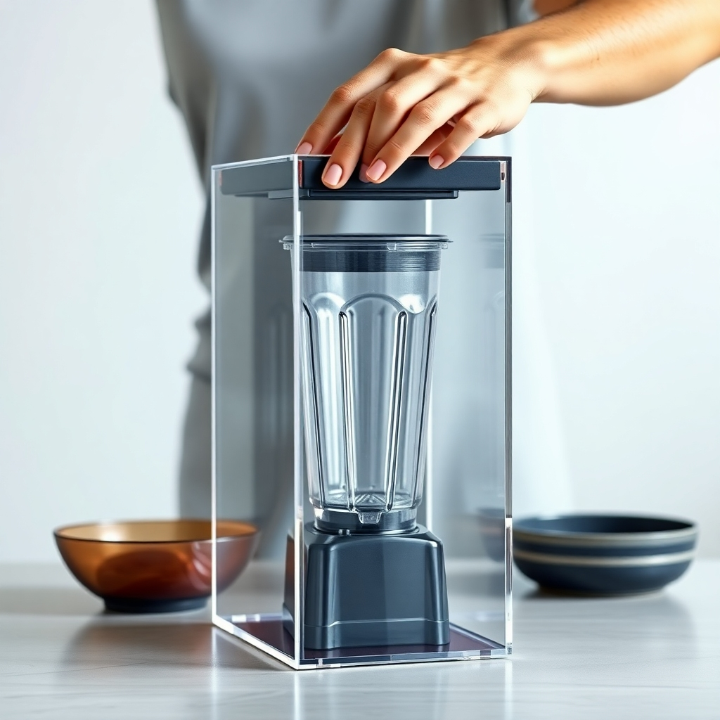 A photorealistic image showing a person easily placing a blender into the acrylic box and closing the lid. The image should focus on the ease of use and convenience of the design. The background should be a simple, clean setting.  High-quality image with a shallow depth of field.