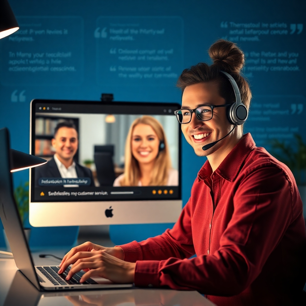 A photorealistic image showing a friendly customer support representative assisting a happy customer via video call. The background should subtly incorporate elements showcasing the website's excellent customer service, including positive reviews and testimonials. The overall feel should be one of trust and reliability.