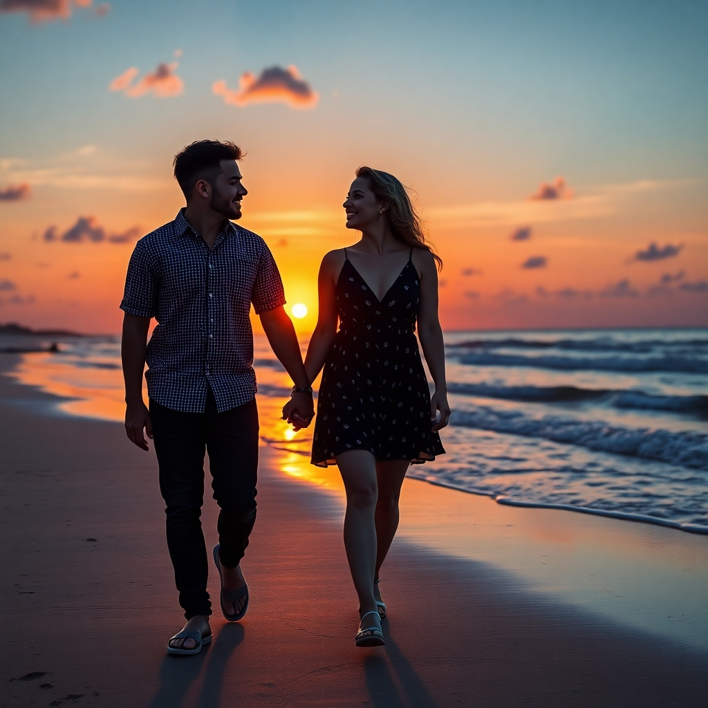 A photorealistic image showing a happy couple holding hands and looking lovingly at each other while walking on a beautiful beach at sunset. The background showcases a gorgeous view of a sunset over the ocean, symbolizing the strengthening of their relationship.
