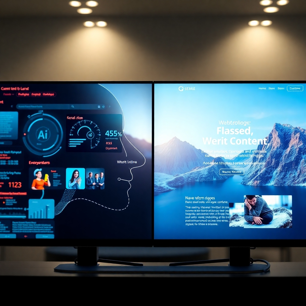 A photorealistic image showing a split screen. One side shows an AI interface generating website content and images. The other side shows a stunning, professional-looking website with high-quality images and text. The overall mood should be sleek and professional.