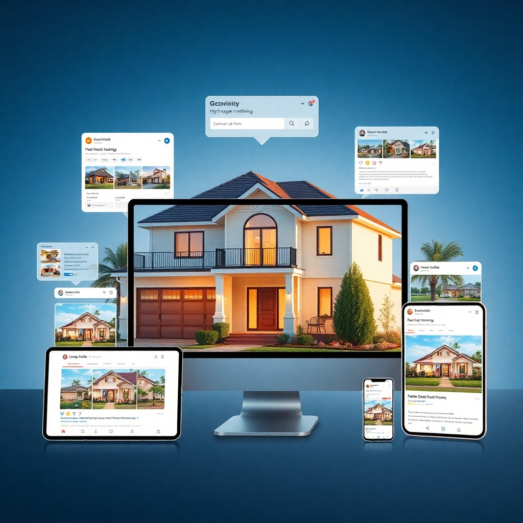 A photorealistic image showing various digital marketing channels and advertising platforms, such as social media ads, search engine marketing results, and banner ads, all showcasing the same high-quality listing of a beautiful house. The image should emphasize reach and visibility.