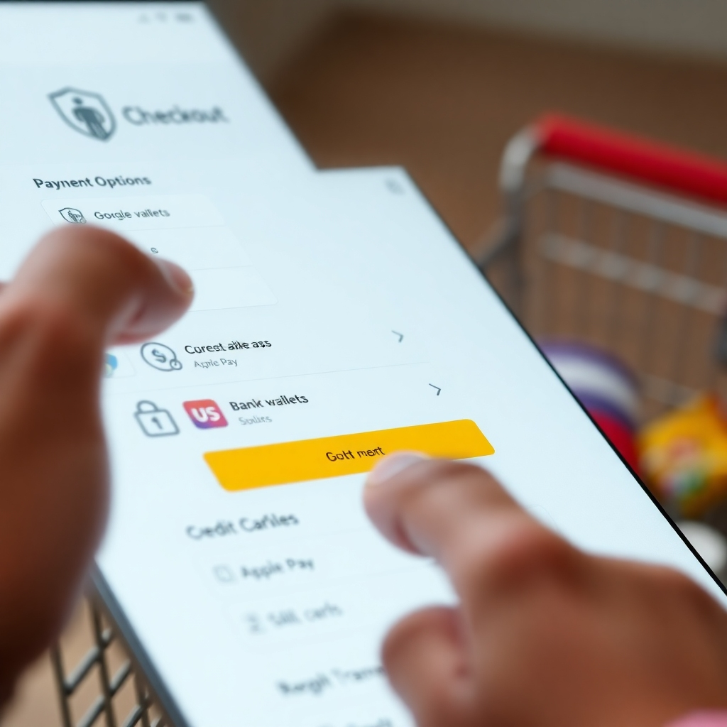 A photorealistic image showing a customer's perspective of a secure checkout page on an e-commerce website. The image should highlight various payment options like credit cards, mobile wallets (e.g., Apple Pay, Google Pay), and bank transfers.  Emphasize security elements like SSL badges and encryption indicators. The background should subtly show a shopping cart with items.