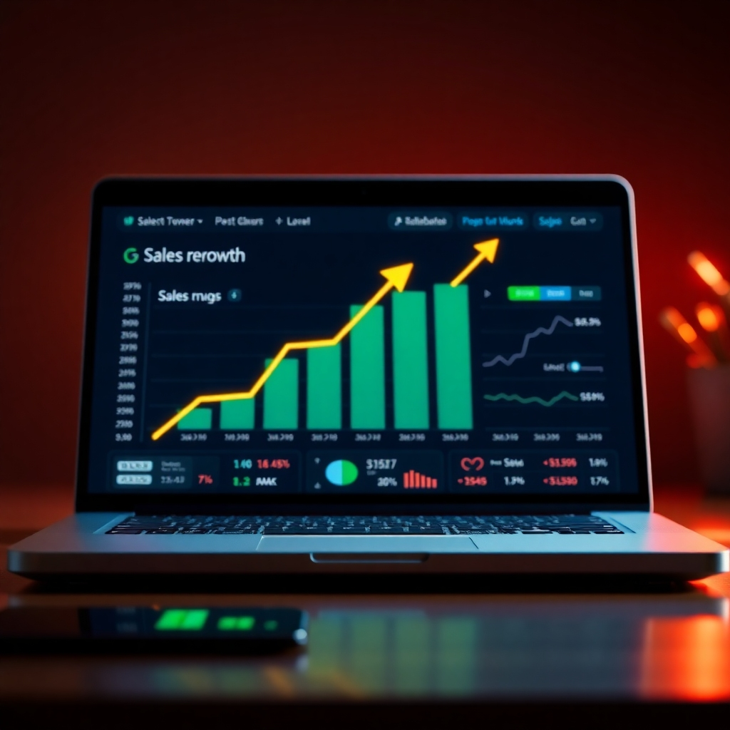 A photorealistic image showing an upward-trending graph indicating increasing sales revenue. The composition should emphasize the growth potential and financial benefits. The lighting should be vibrant, conveying energy and growth. The color palette should be positive and stimulating. The camera angle should be at a slight angle, conveying dynamic motion.  The relevant props include a laptop displaying a sales dashboard. Technical specs: 4K resolution
