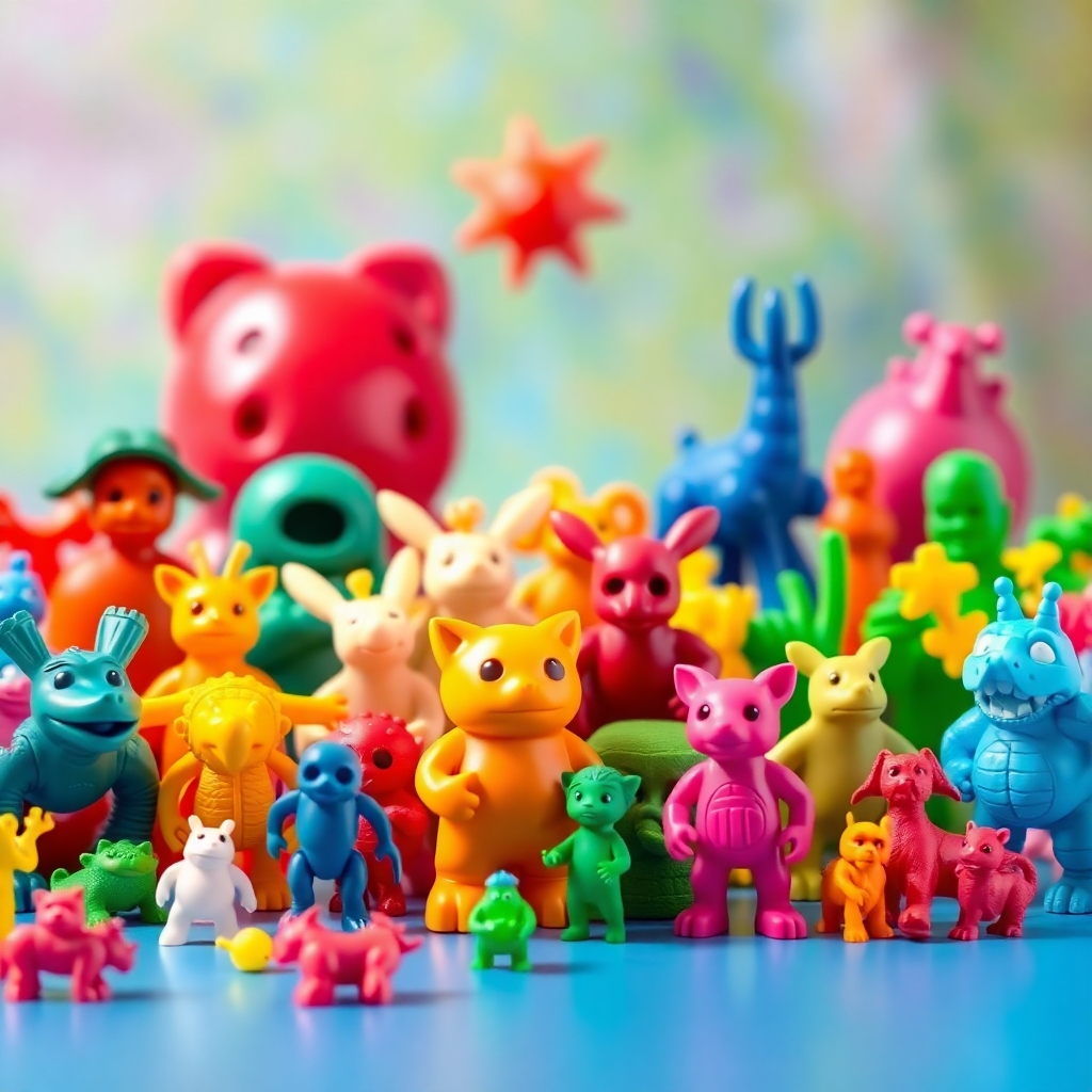 A photorealistic image showing a variety of 3D printed toys and models made from PLA plastic in a bright and colorful array. The toys should include various shapes, sizes and colors, highlighting the versatility of PLA filament for 3D printing. The background should be a vibrant, slightly blurred backdrop that complements the colors of the toys without distracting from them.  The lighting should be bright and cheerful.