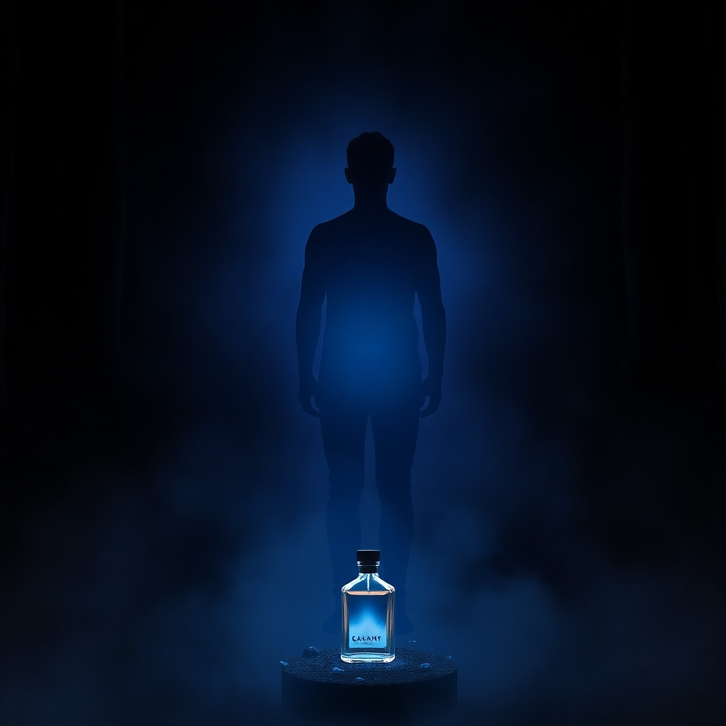 A photorealistic image showing a shimmering, protective aura surrounding a person standing peacefully in a dark, mysterious forest.  The aura should be a calming blue or purple hue, gently glowing.  A small bottle of perfume sits near the person's feet, emitting a faint, protective light. The overall mood should be one of safety and tranquility.