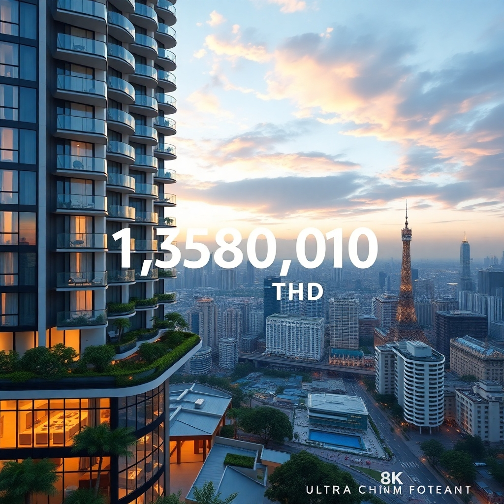 A photorealistic image showing a modern condo building exterior with the price '1,380,000 THB' prominently displayed. In the background, show a vibrant cityscape with landmarks to highlight the location's value.  The image should evoke a feeling of a great investment opportunity.