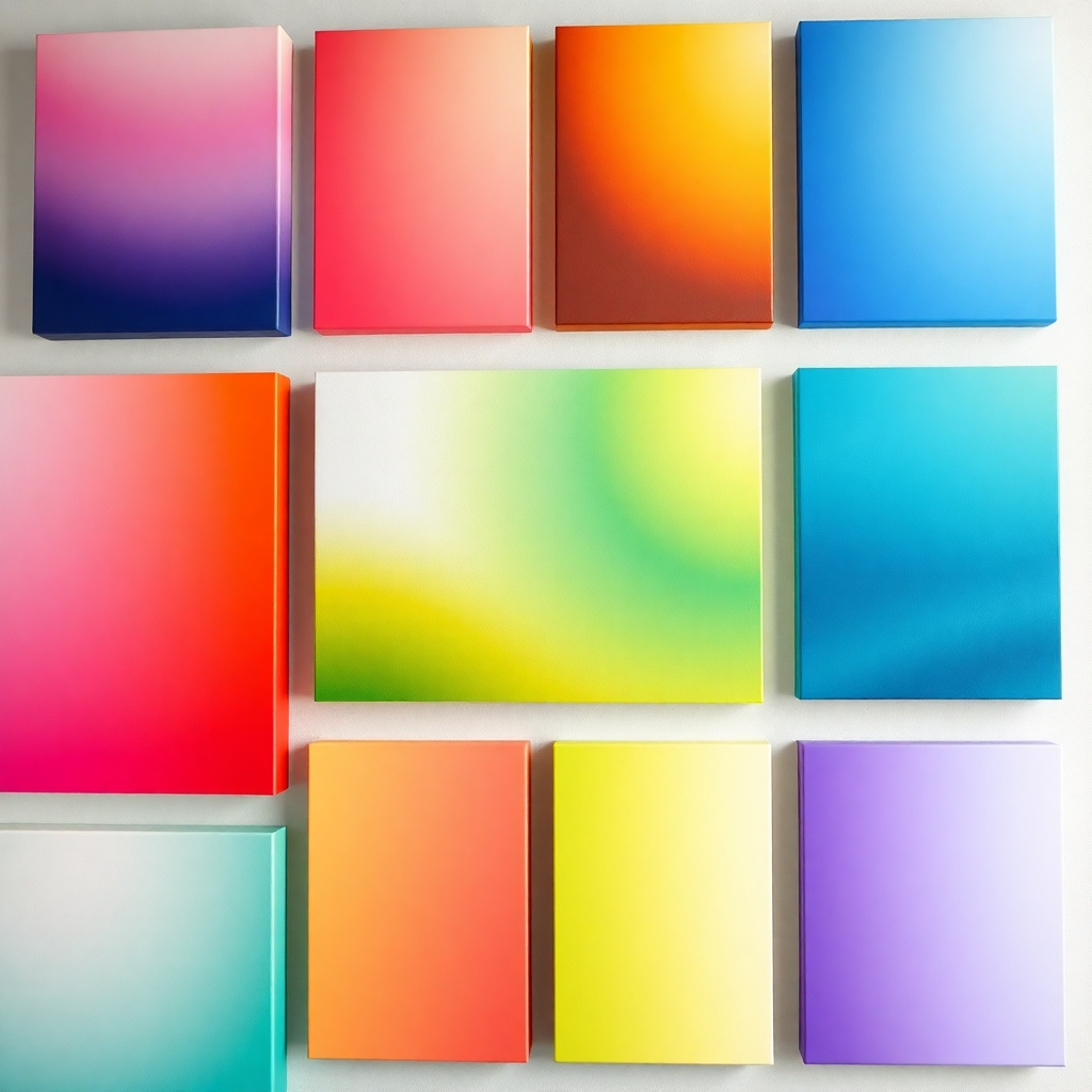 A photorealistic image showing a variety of canvas prints with different color palettes.  The image should emphasize the vibrancy and accuracy of the colors produced by the UV 4-layer printing process. Lighting should be carefully controlled to showcase the color depth. 4K resolution required.