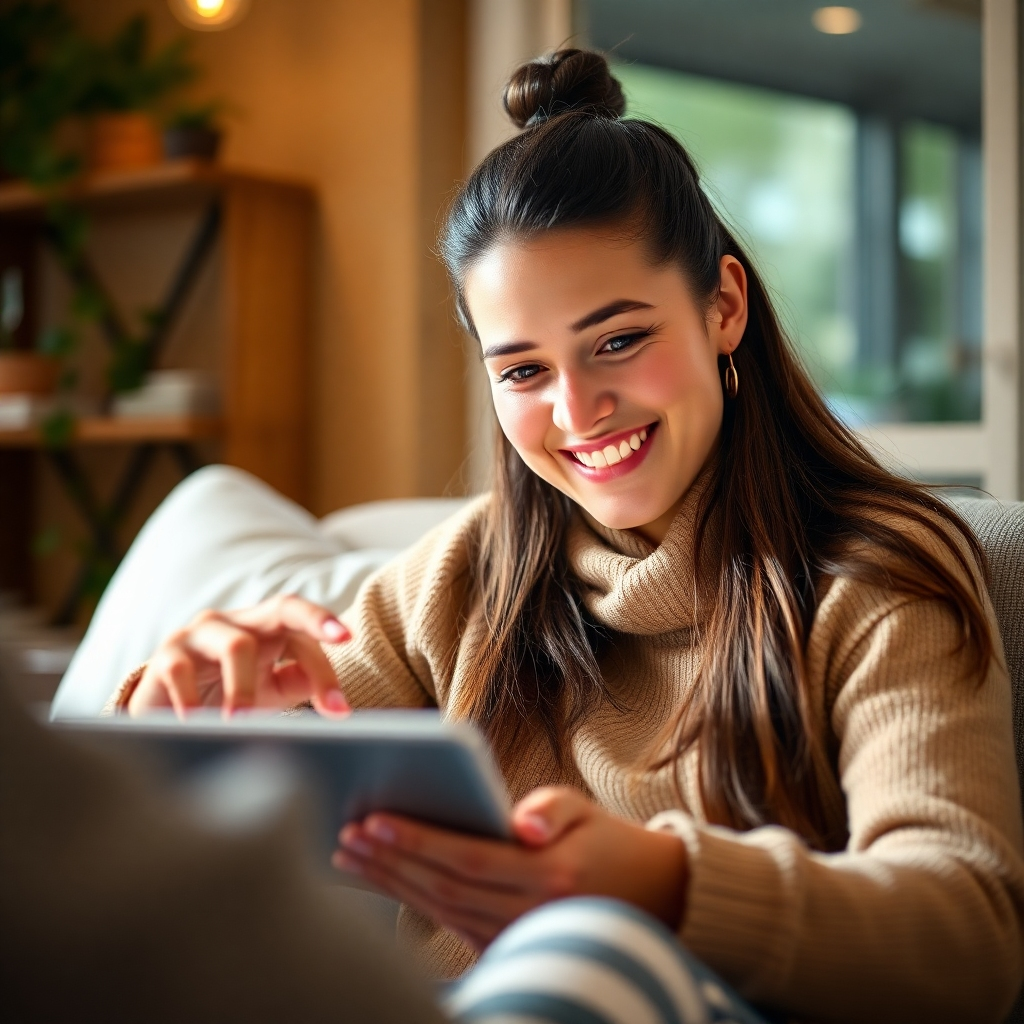 A photorealistic image showing a happy customer interacting with a website on a tablet device. The setting should be natural and inviting, suggesting ease of use. The lighting should be warm and inviting. The camera angle should focus on the customer's positive expression.
