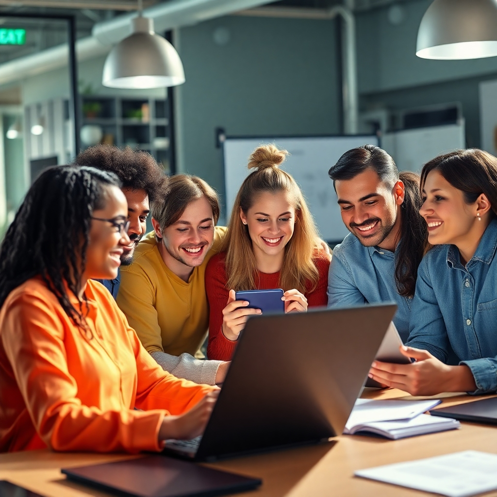 A photorealistic image showing a diverse team of creative professionals working collaboratively on various digital content projects, such as creating engaging social media posts, short videos, and blog articles.  The scene should be bright, energetic, and modern, reflecting a positive and collaborative work environment.