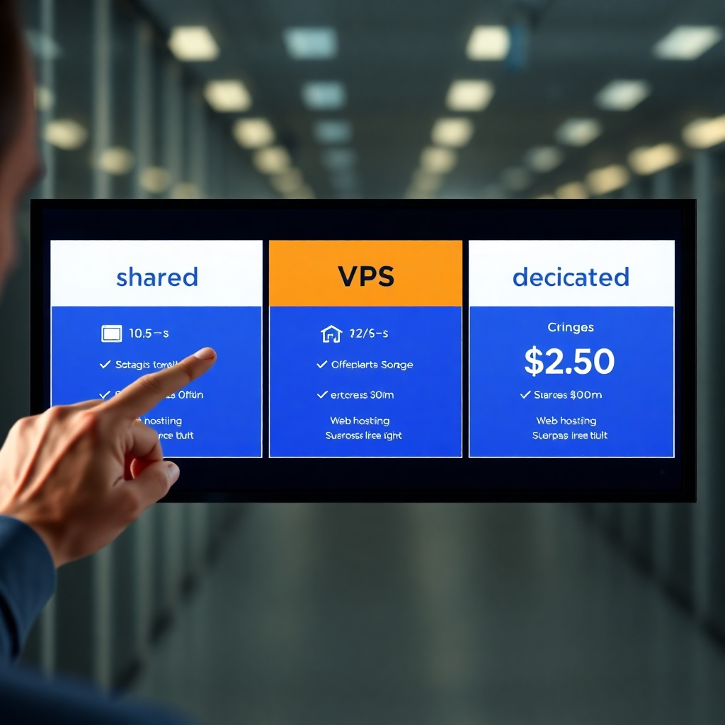 A photorealistic image showing a split screen comparison of three web hosting plans (shared, VPS, dedicated). Each section should have icons representing features like storage, bandwidth, security, and price.  A person should be seen pointing at the VPS option, showing the ideal choice for their needs.