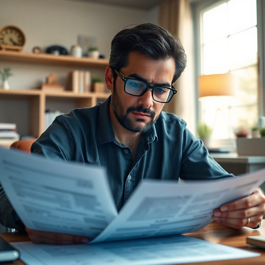 A photorealistic image showing a person carefully reviewing documents, possibly legal paperwork and financial statements. This should be in a well-lit, organized workspace, perhaps a home office. The image should convey a feeling of careful planning and attention to detail. The person's expression should be one of seriousness and focus, highlighting the importance of risk management in real estate investment.