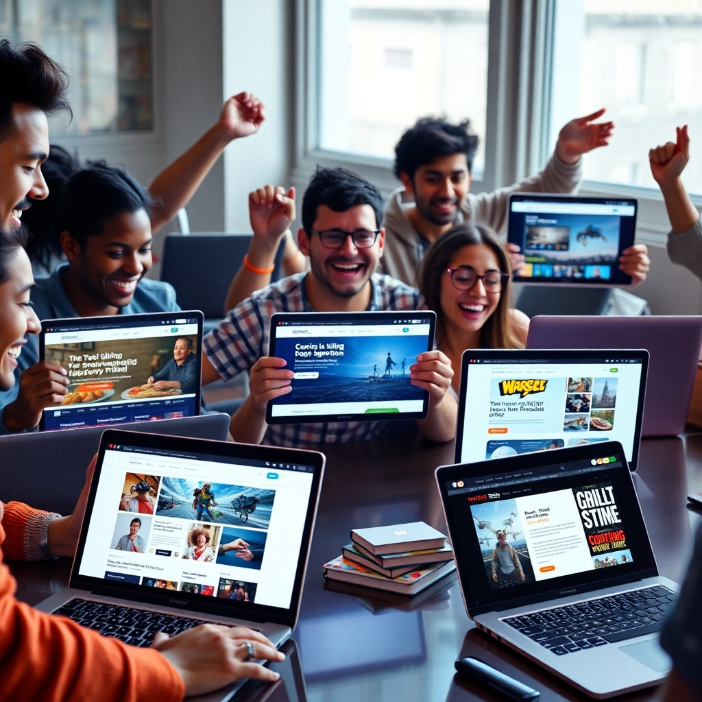 A photorealistic image showing a diverse group of people enthusiastically working on their laptops, each showcasing a different website design related to their passions, such as cooking, travel, or gaming. The image should highlight the joy and passion in creating something they love.