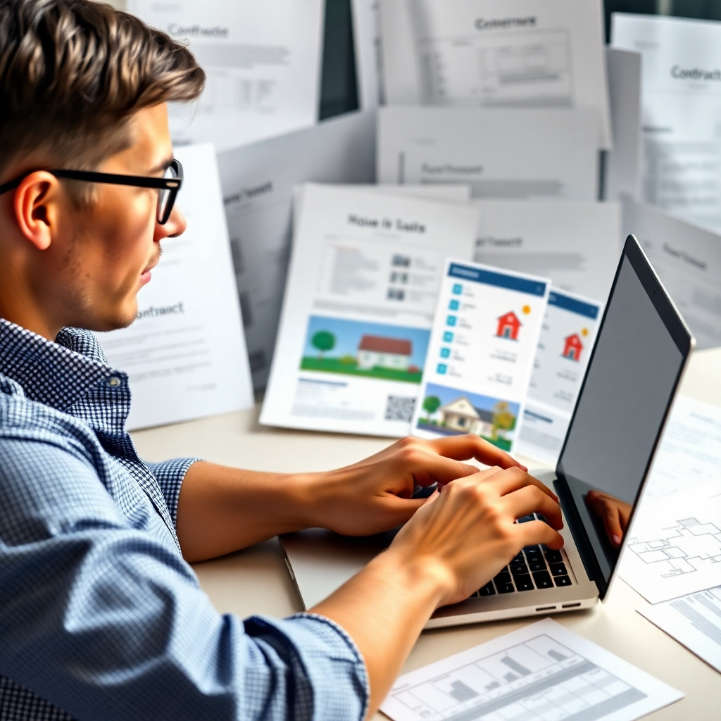 A photorealistic image showing a person using a laptop to manage online property listings. The background should include various documents, such as contracts and house plans, conveying the idea of efficient self-management.  The person should look calm, organized, and in control of the situation. The lighting should be soft and professional. The overall feeling should be one of efficiency and self-sufficiency.