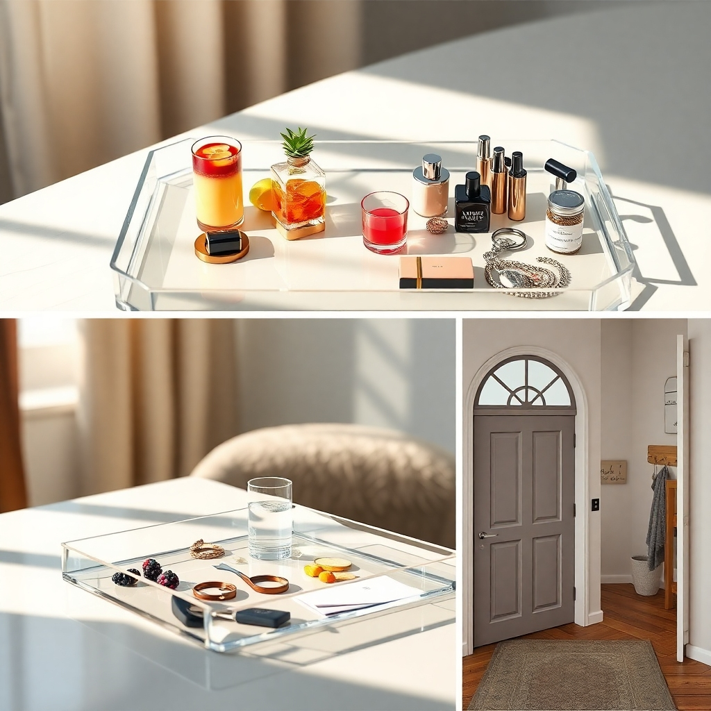 A photorealistic image showing three different uses for an acrylic tray. One scene shows it holding snacks and drinks, another showcasing cosmetics and jewellery on a dressing table, and the last depicts it holding keys and mail in an entryway.  The lighting in each scene is natural and well-balanced; showing the versatility of the tray. Each setting should reflect a different interior design style (e.g., modern, rustic, minimalist).