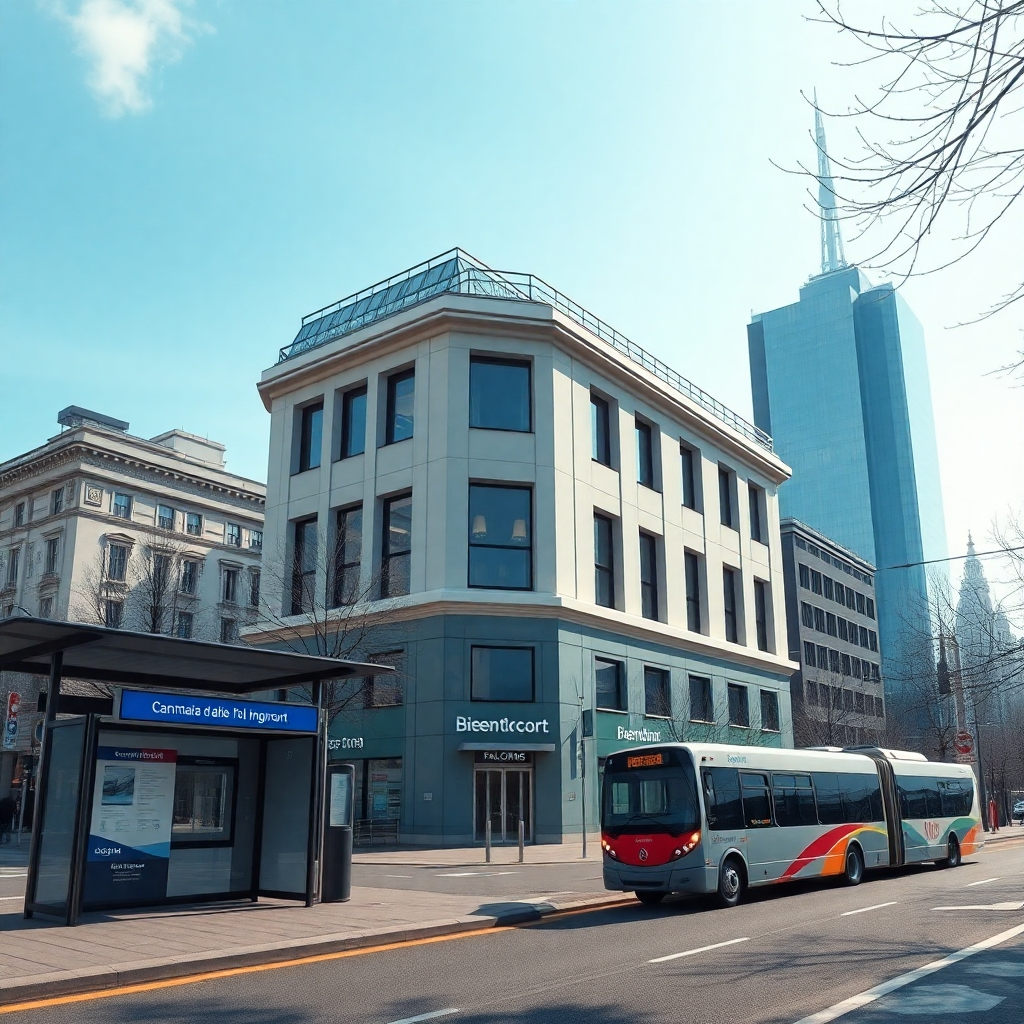 A photorealistic image showing the clinic building with prominent nearby landmarks clearly visible.  Include public transport such as a bus stop or a clearly marked train station within walking distance. The image must convey a sense of accessibility and ease of location via public transport and recognizable landmarks.  The image should focus on the area around the clinic, showcasing how easy it is to find using the surrounding environment.