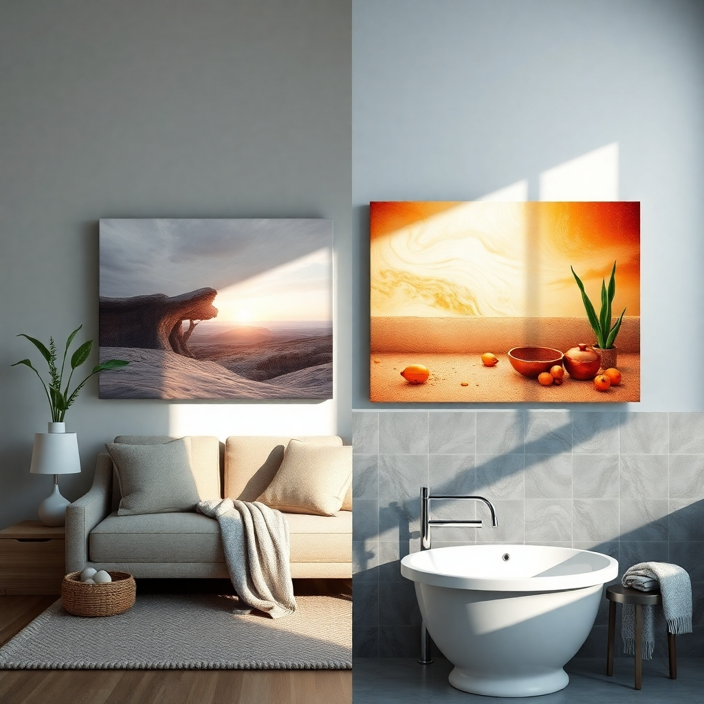 A photorealistic image showing canvas prints displayed in various environments, such as a sunny living room or a slightly humid bathroom. The image should demonstrate the longevity of the prints without any sign of fading or damage. Soft natural lighting to maintain the focus on print quality, 4k resolution.