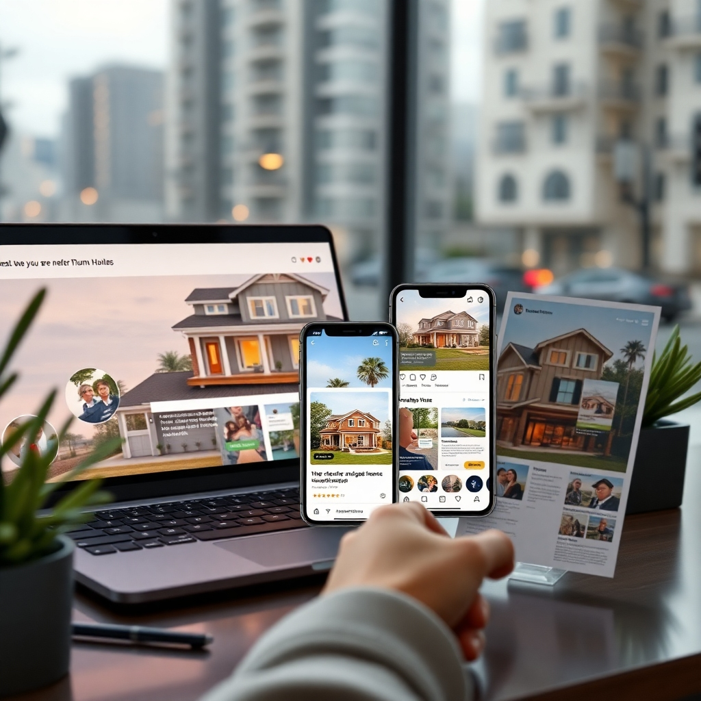 A photorealistic image showing multiple channels of house advertisement: a sleek website on a laptop, a captivating social media post on a phone, and a professionally designed real estate flyer.  The background should subtly suggest a bustling city or suburban neighborhood, highlighting a wide reach.