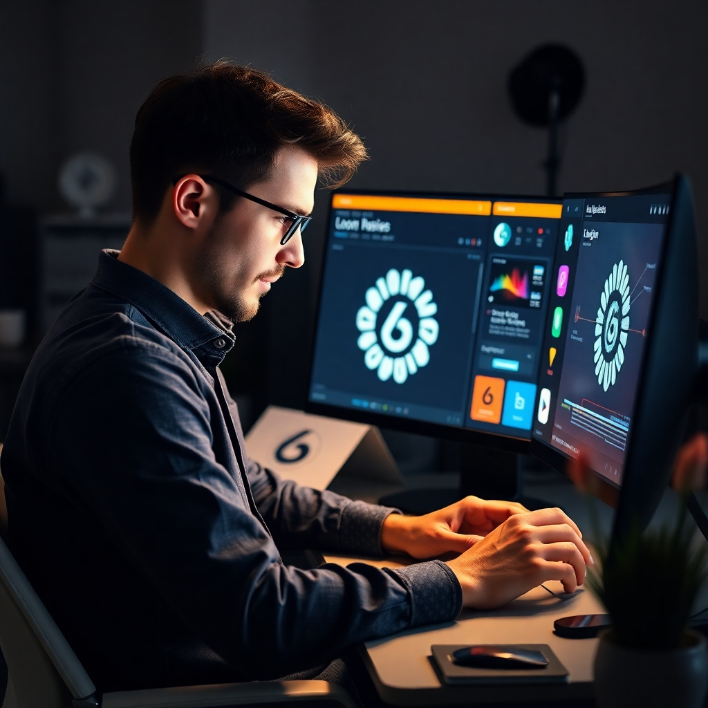 A photorealistic image showing a graphic designer using AI tools to refine and perfect a logo design; the AI is offering intelligent suggestions for color palettes, typography, and layout. The interface should be visually appealing and intuitive.  The designer should appear relaxed and focused.
