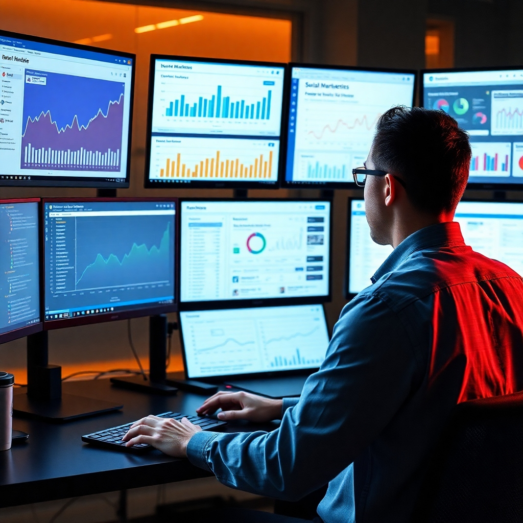 A photorealistic image showing a person expertly managing multiple screens displaying website analytics, social media dashboards, and SEO keyword research tools.  The image should highlight the integration of digital marketing strategies and demonstrate a sense of organized efficiency. High-quality, detailed image.