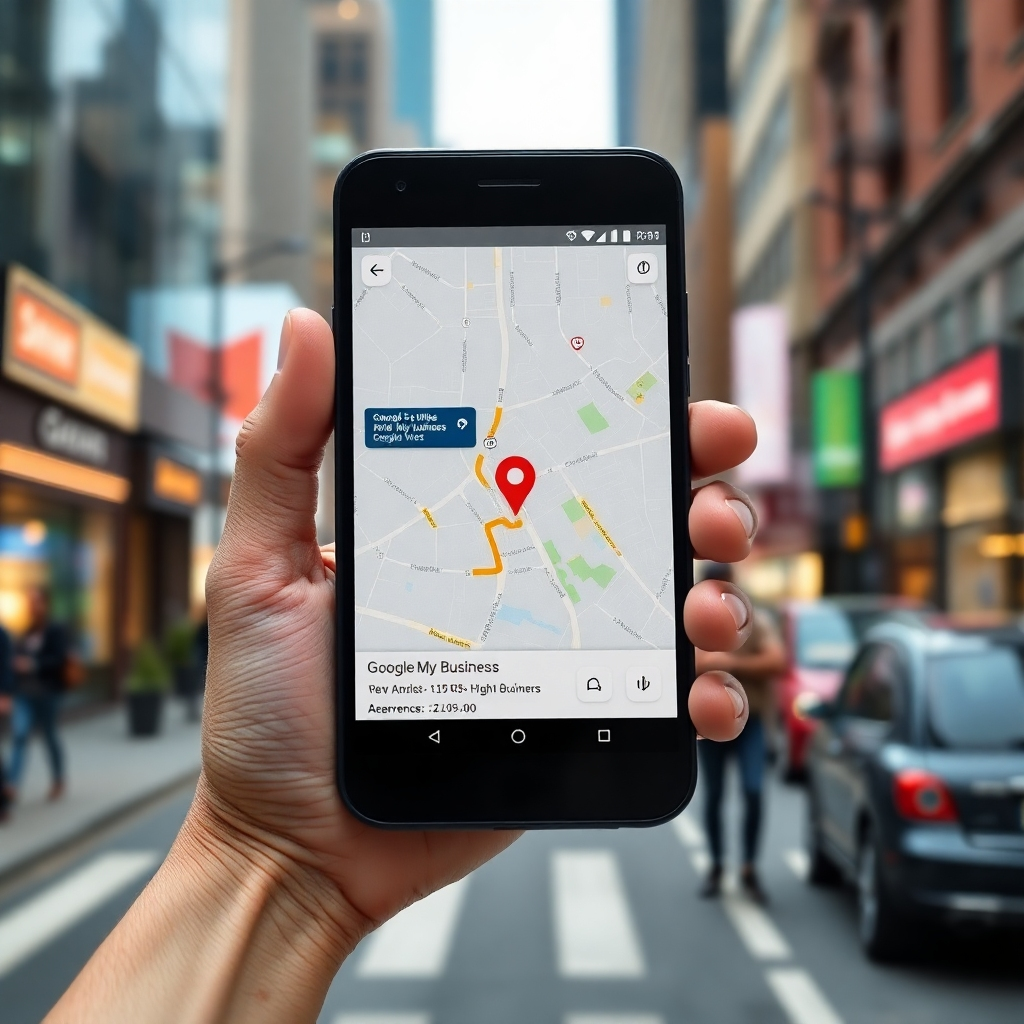 A photorealistic image showing a smartphone displaying Google Maps results. The map should highlight a business location with a prominent Google My Business marker, positive reviews and high ranking.  The background could be a bustling city street to emphasize local visibility. The overall mood should be one of success and increased visibility.