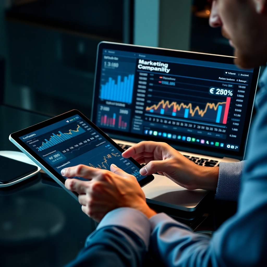 A photorealistic image showing a businessperson reviewing financial data and marketing campaign performance on a tablet and laptop. The visuals on the screens should showcase positive trends and ROI indicators, such as increased website traffic and conversion rates.  The overall image should project confidence and success in digital marketing investment.