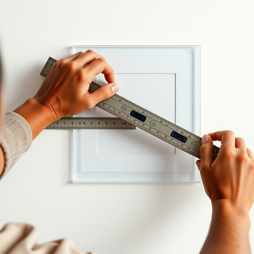 A photorealistic image showing a person using a level to carefully mark the ideal placement of an acrylic picture frame on a wall, considering the surrounding decor and ensuring even spacing.  The wall should be a clean, light-colored background. The focus should be on precise measurement and placement.