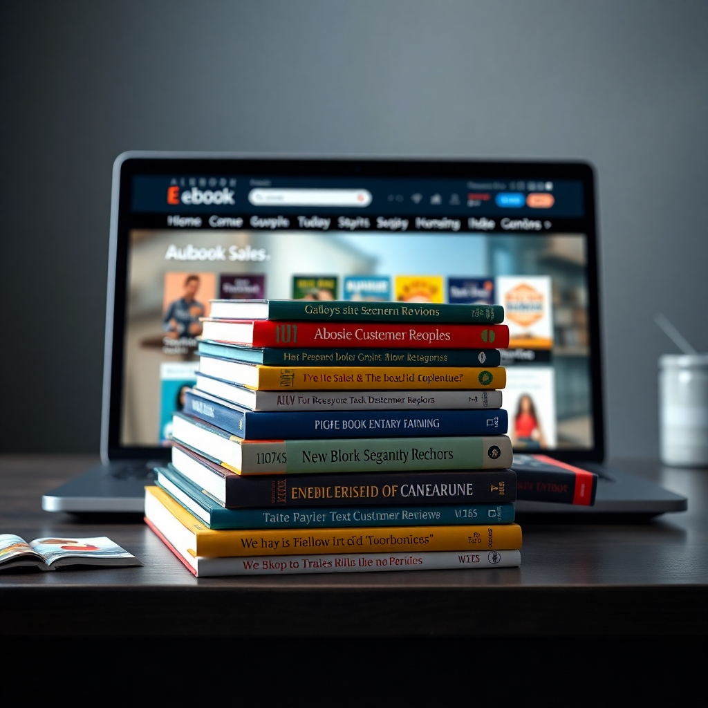 A photorealistic image showing a stack of various e-books with different genres and attractive covers.  In the background, there should be a laptop showcasing an e-book store website with positive customer reviews, high sales numbers, and conversion rates. The image should project a feeling of success, accomplishment, and financial freedom.