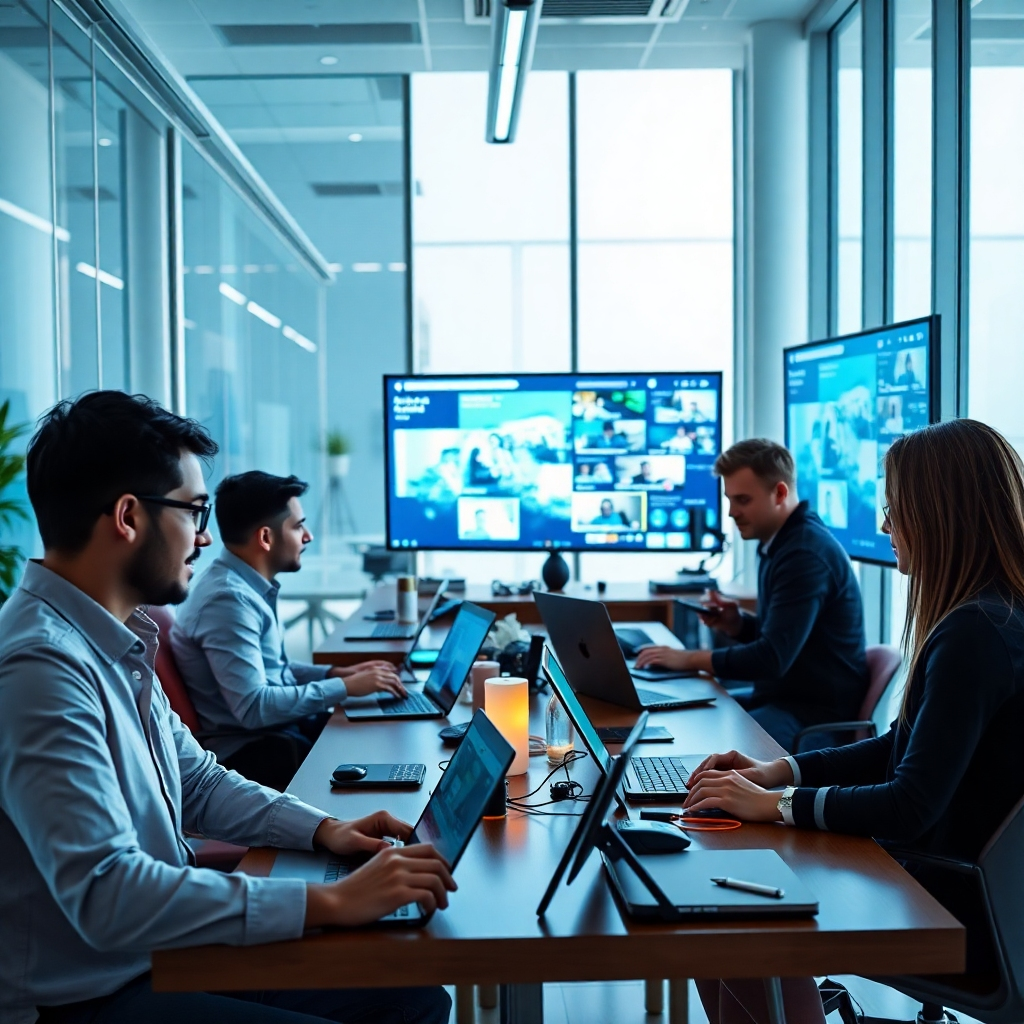 A photorealistic image showing a diverse team of content creators collaborating in a bright and modern office.  They are working on laptops, tablets, and reviewing content on large screens. The mood should be creative, collaborative, and productive, with a focus on high-quality content creation.