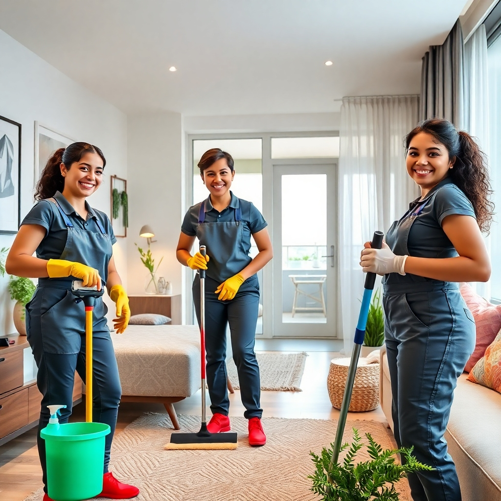 A photorealistic image showing a team of cheerful, professional cleaners meticulously cleaning a modern apartment. The image should highlight attention to detail, using high-quality cleaning supplies, and maintaining a clean and organized work environment.  The apartment should be stylish and inviting. High resolution, emphasize cleanliness and professionalism