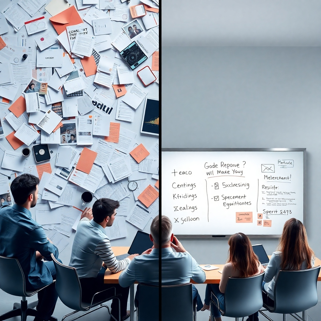 A photorealistic image showing a split-screen comparison. One side depicts a chaotic, disorganized marketing campaign with scattered papers, frustrated people, and ineffective ads.  The other side depicts a sleek, organized marketing campaign with a clear strategy displayed on a whiteboard, happy and productive team, and successful online ads resulting in high engagement.  The image should clearly demonstrate the value proposition of efficient marketing consultation.