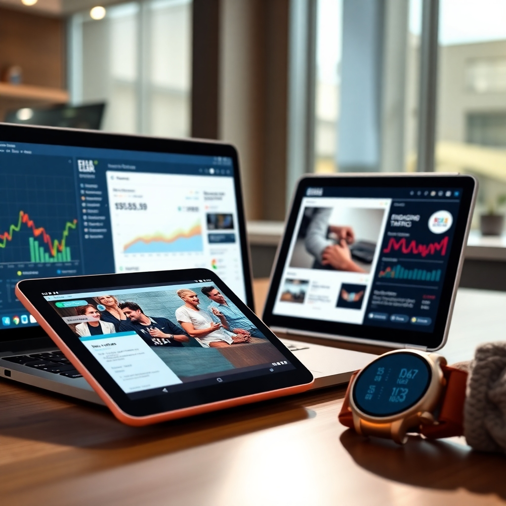 A photorealistic image showing a seamless blend of various digital marketing channels; a laptop screen displaying social media analytics, a phone showing an engaging ad, a tablet presenting website traffic data, and a smart watch showing a notification of a new order. All screens should be bright, showcasing engagement and clear data.