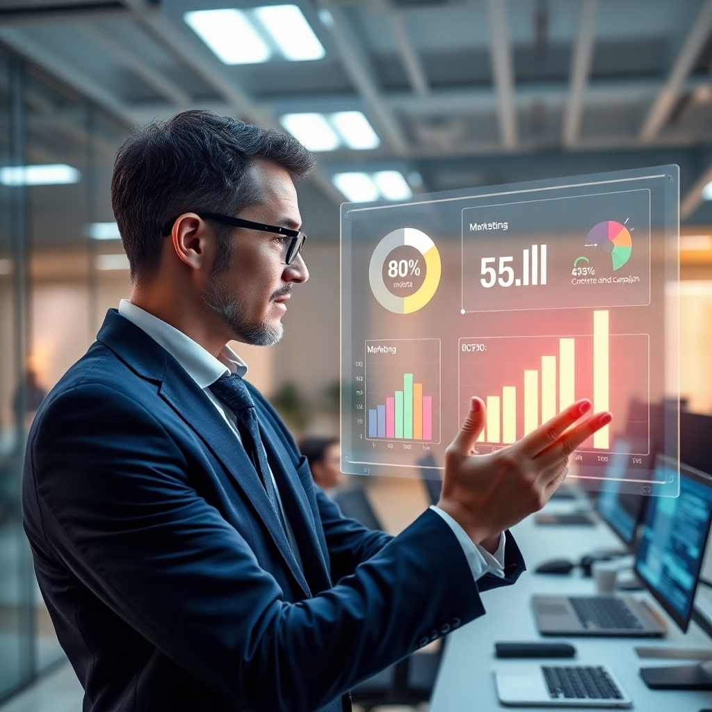 A photorealistic image showing a businessperson reviewing data on a holographic display showing ROI and marketing campaign performance indicators. The background should suggest a modern, well-equipped office. The image should convey a sense of efficiency and informed decision-making. High resolution, sharp focus, and good lighting are essential.