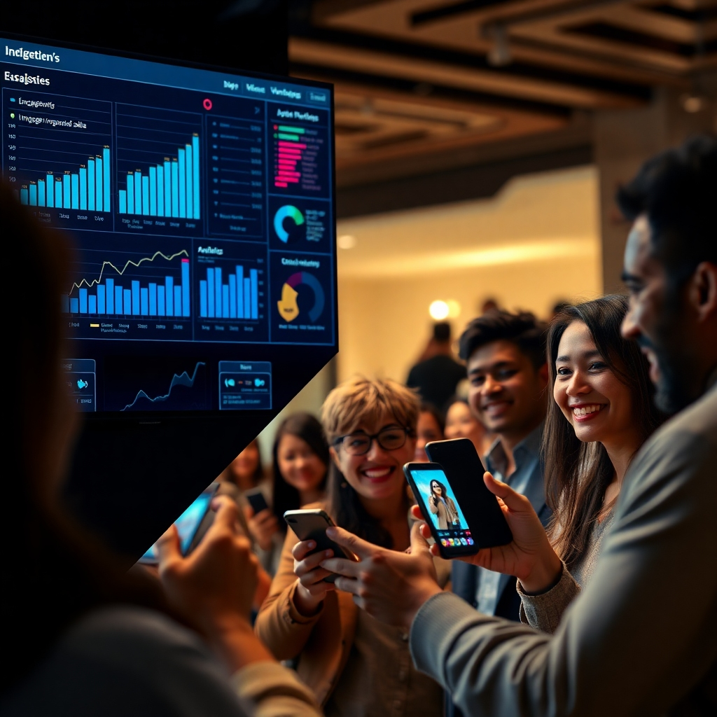A photorealistic image split into two sections. One section shows data analytics dashboards with graphs and charts showing increased engagement and sales. The other section shows a diverse group of people watching short video ads on their phones, looking happy and interested. The overall image should convey the impact of targeted video marketing and its effectiveness.