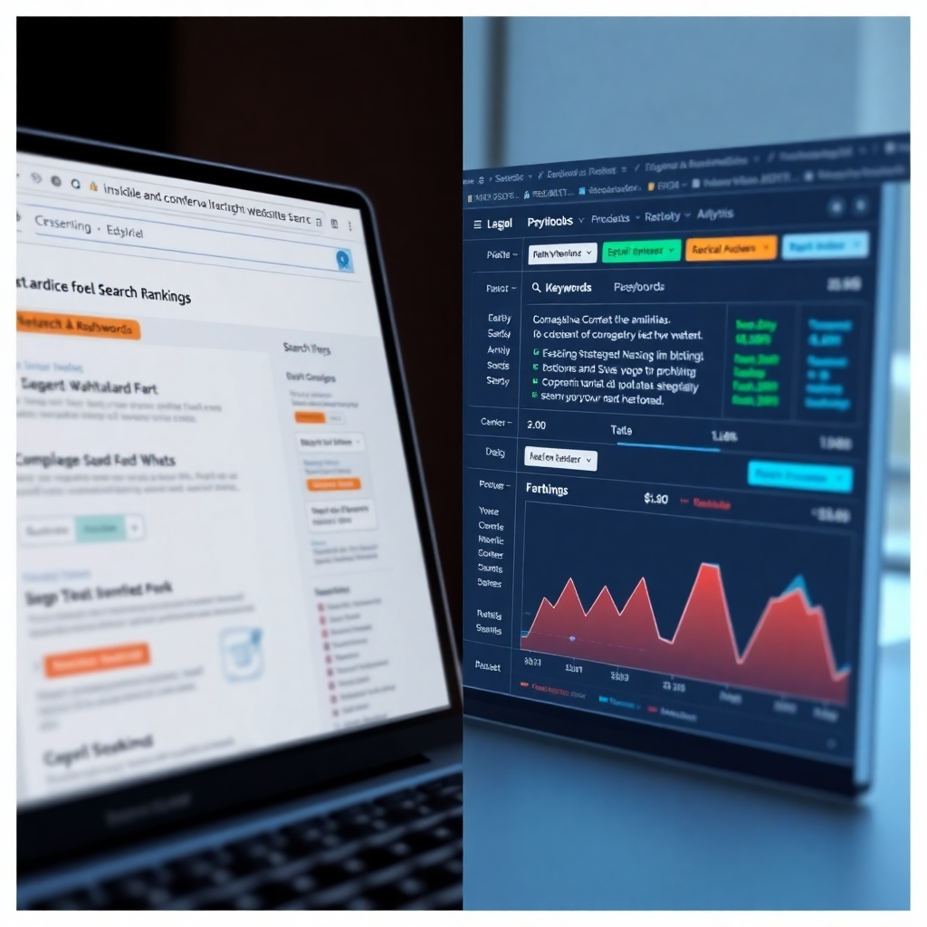 A photorealistic image split into two sections. One side shows a website with high search rankings, highlighting relevant keywords. The other side displays a dashboard analyzing competitor websites and their keyword usage. The visuals should highlight the comparison of strategies and identifying opportunities for improvement. The overall style should be clean, modern, and data-focused, emphasizing the competitive analysis aspect.