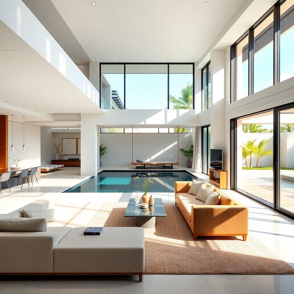 A photorealistic interior shot of a lavish pool villa in Pattaya. The image should showcase high-end furniture, modern architectural details, and an open-plan design that seamlessly connects indoor and outdoor spaces.  Natural light should stream in, illuminating luxurious materials like marble and polished wood.  A glimpse of the private pool should be visible through large glass doors or windows.  The overall feeling should be one of refined elegance and comfort.