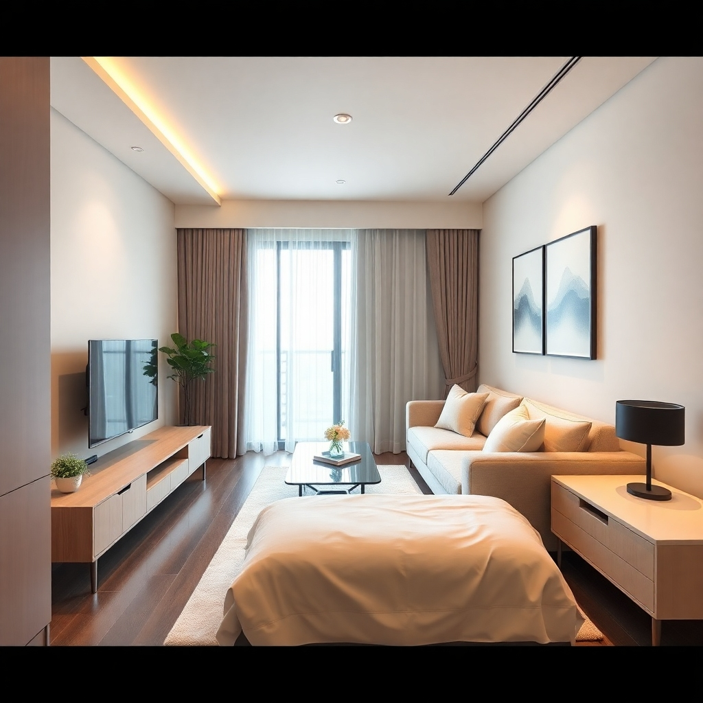A photorealistic interior shot of a fully furnished one-bedroom condo unit at Lumpini Condo, Bดินทรเดชา-Ramkhamhaeng. The image should showcase a modern and stylish interior design with high-quality furniture and appliances. The lighting should be bright and natural, emphasizing the spaciousness and comfort of the unit.  The overall feel should be clean, elegant, and homey.