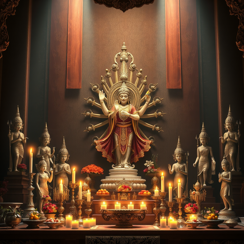 A photorealistic rendering of a Thai temple altar adorned with offerings and statues of various deities. Focus on one central deity that radiates power and grace. Lighting: soft, ambient lighting with flickering candles. Style: Blend traditional Thai art with a touch of fantasy elements.