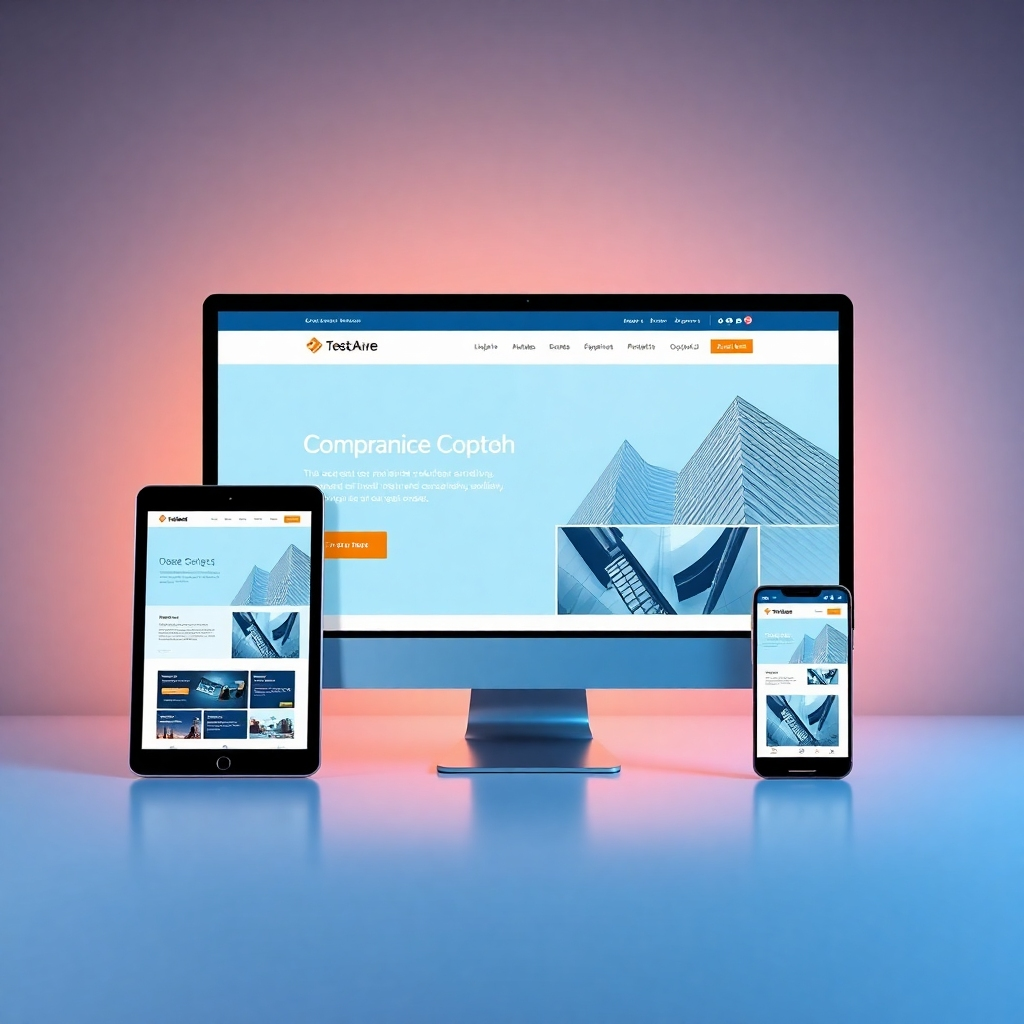 A photorealistic split-screen image showing the same corporate website perfectly responsive on different devices: a large desktop monitor, a tablet, and a smartphone.  The website should showcase consistent design and functionality across all screens. The background should subtly reflect the brand colors.